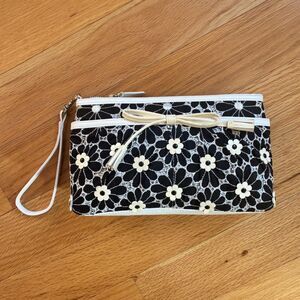 Isabella Fiore Black/White Floral Embroidered Clutch with Wrist Strap